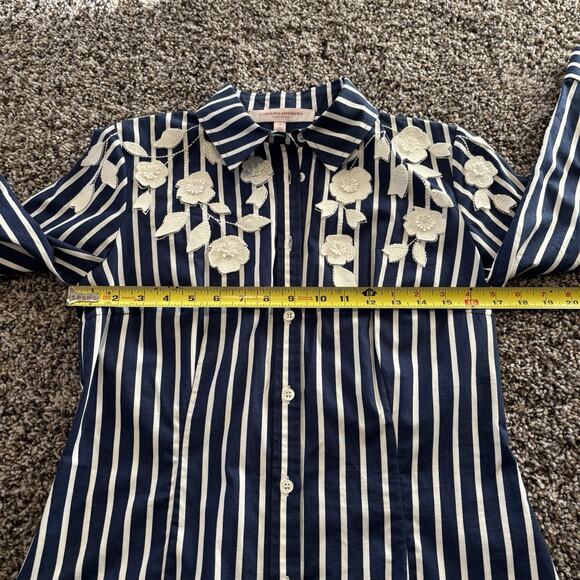 Carolina Herrera NY Shirt 2 Blue White Stripe Button Front Floral Appliqué - Picture 8 of 12